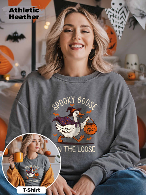 Spooky Goose On The Loose Sweatshirt – Personalized Halloween Shirt with Custom Name